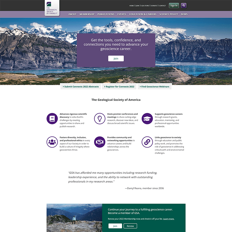 A web page displaying mountains and purple and green branding.